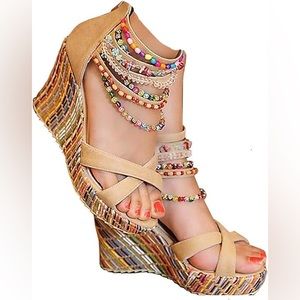 getmorebeauty Women's Wedge Sandals With Pearls Across The Top